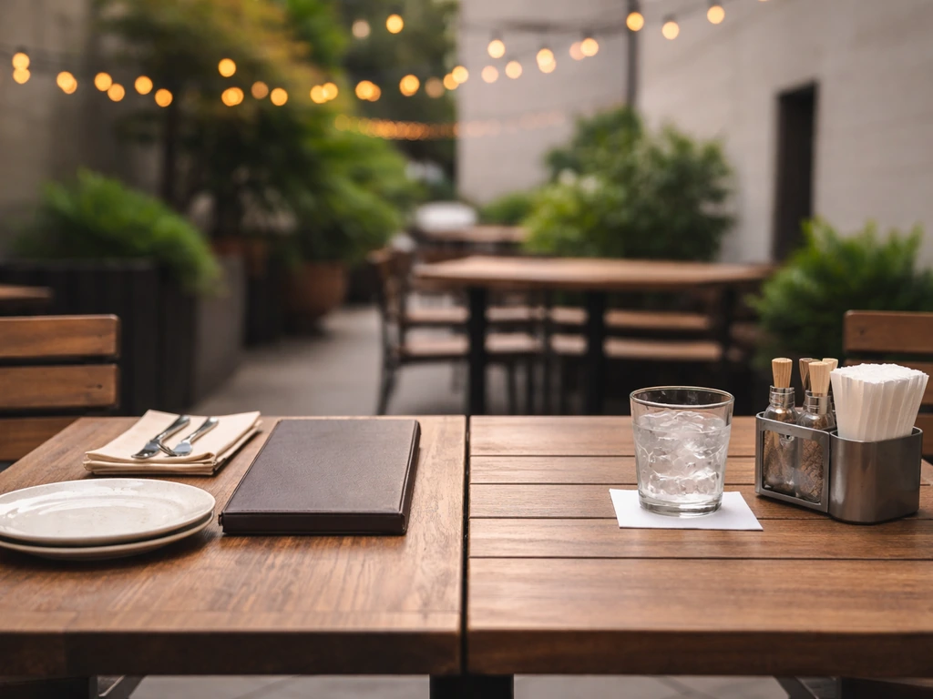 Minimal patio table showing dining plates and a drink glass side-by-side for fast choosing a Nashville patio