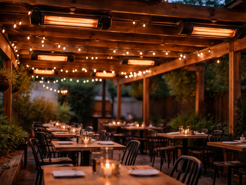 Warm outdoor dining patio with pergola and radiant heaters in a Nashville-style setting