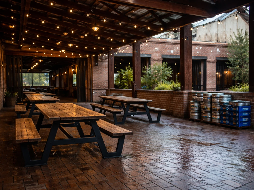 Brick-lined warehouse outdoor patio with covered roof and empty picnic tables at a beer garden.