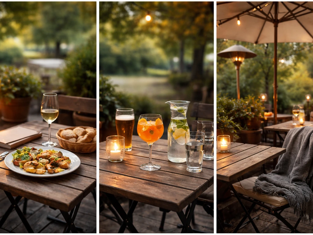 Three simple patio scenes: menu and food spread, drinks on a table, and umbrellas/heaters for comfort.