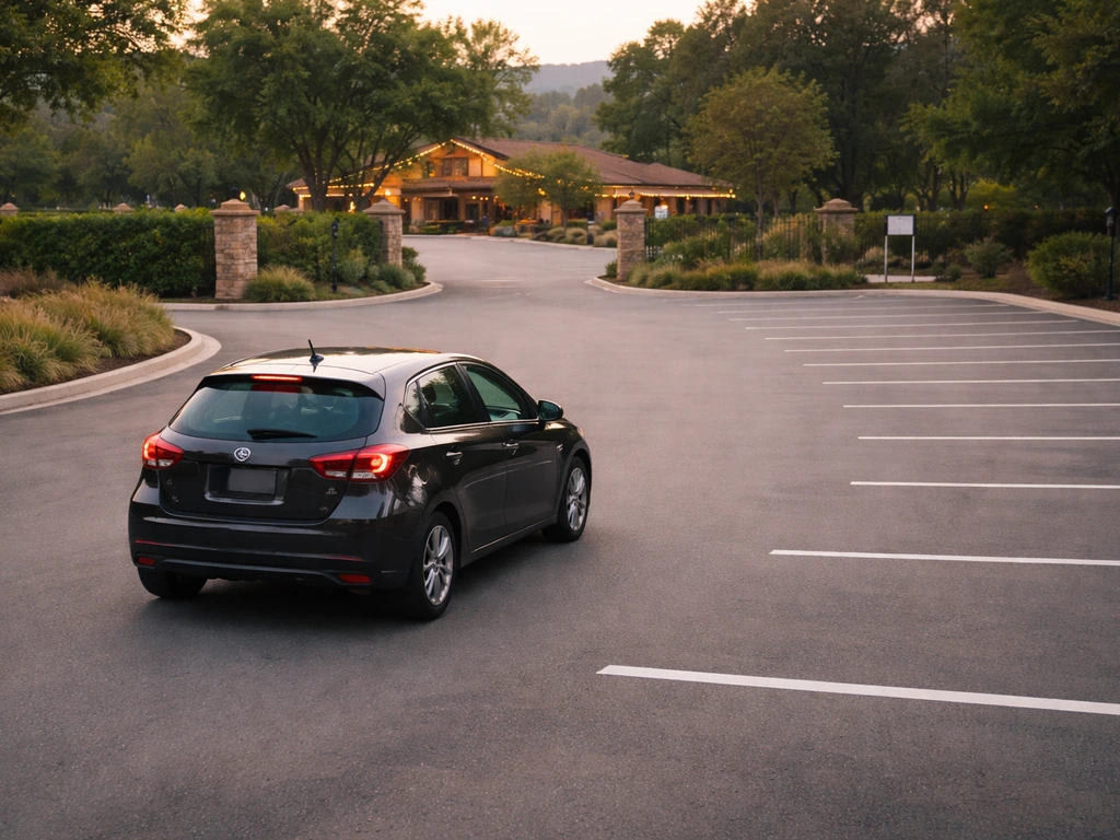 Dark car arriving in an onsite parking lot with simple entrance signage in the distance.