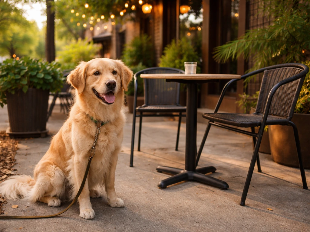 Medium-sized dog sitting calmly on a Louisville outdoor patio table near Hauck’s Corner seating