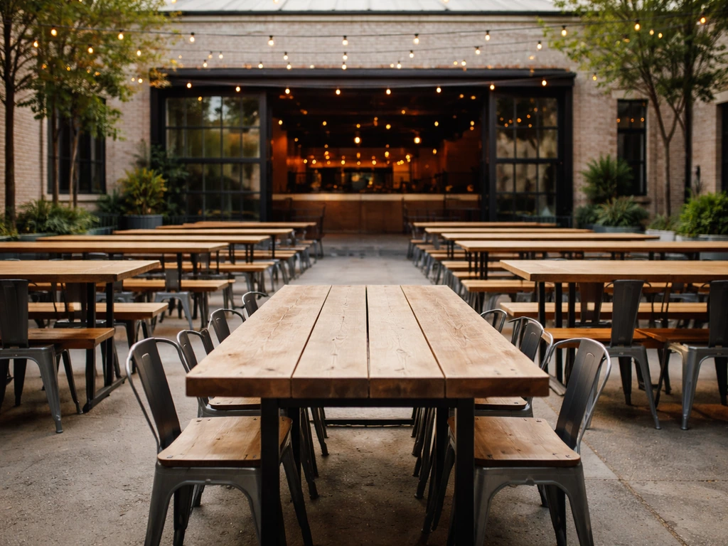 Empty beer-garden tables spread across an indoor-outdoor brewery courtyard with warm evening light.