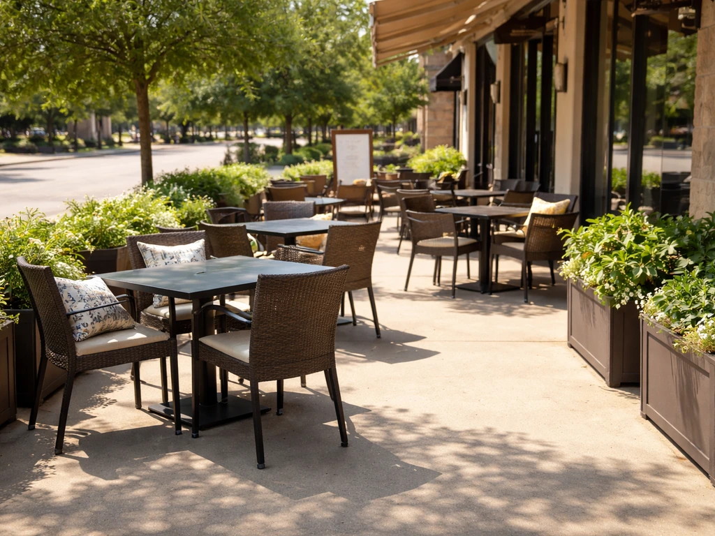Sunny patio cafe seating with neat outdoor tables and chairs, greenery, and soft shadows.