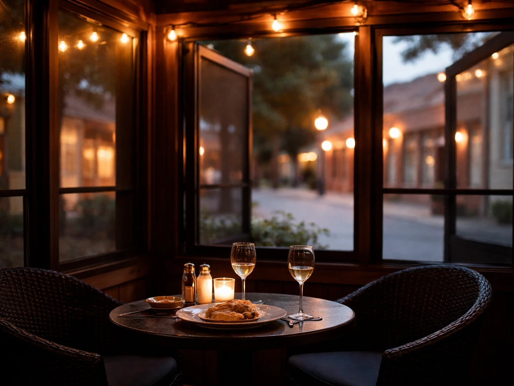 Warmly lit enclosed screened patio for two at an old Main Street restaurant in Frisco at night.