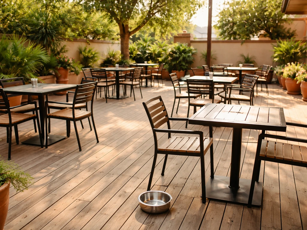 Dog-friendly patio with empty tables and a small water bowl setup beside an outdoor seat
