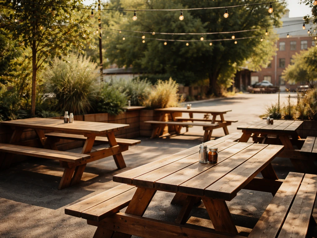 Sunlit brewery patio with wooden tables, casual hangout vibe and empty chairs.