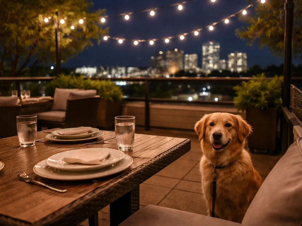 Well-behaved dog resting beside an outdoor dining table on a warm-lit rooftop patio at night.