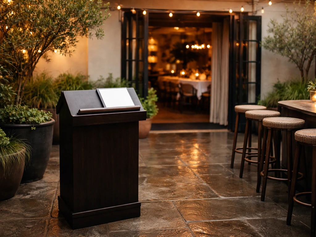 Outdoor restaurant patio with a host stand and empty seating, suggesting reservation and patio timing.