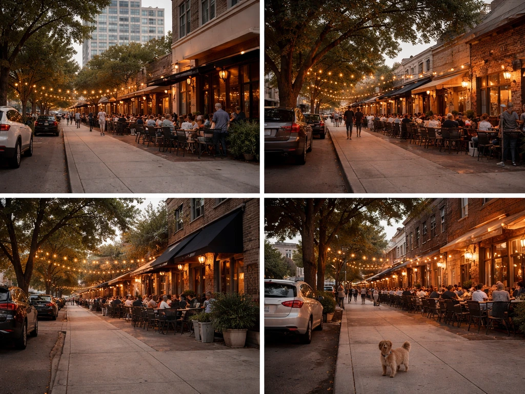Street-level view of Dallas with quiet outdoor patios where Uptown, Lower Greenville, Knox-Henderson, and Bishop Arts cl