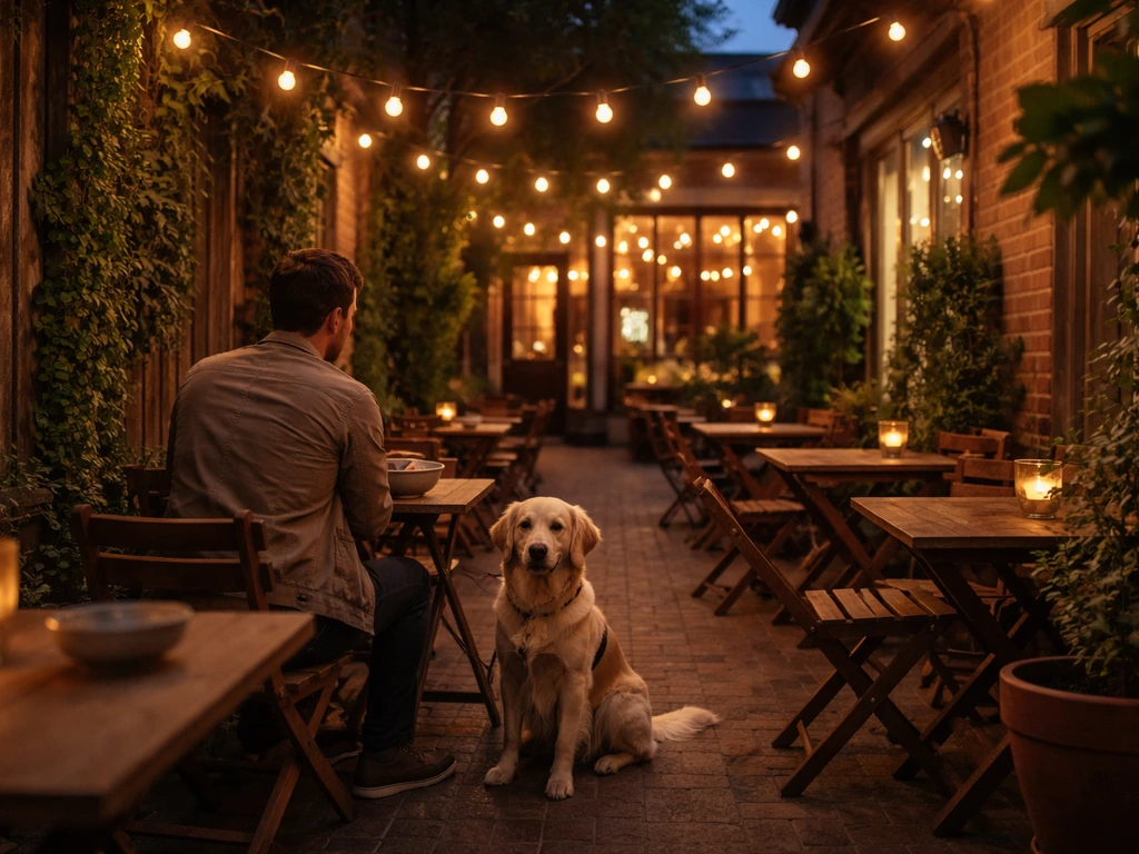 Dog on-leash beside owner at a narrow intimate patio with string lights and small outdoor tables.