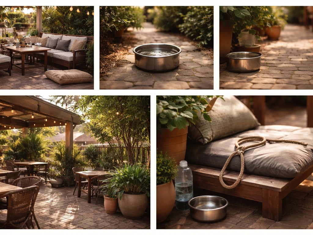 Minimal collage of dog-friendly patio details: outdoor seating, shaded water bowl, leash and potted plants.