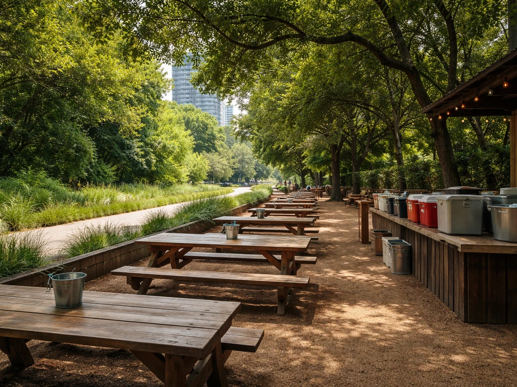 Outdoor beer-garden patio beside a walking trail with shade trees and empty tables, dog-friendly setup.