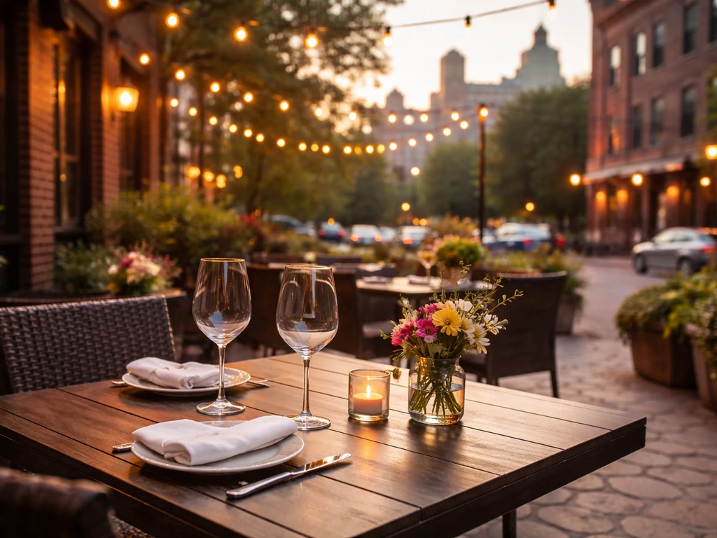 Inviting outdoor restaurant patio in St. Paul with warm string lights and a cozy table setting.