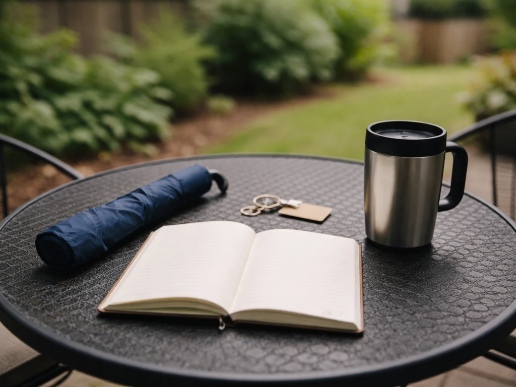 Minimal patio table with blank notebook, folded umbrella, keys, and a warm drink—symbolic checklist vibe.