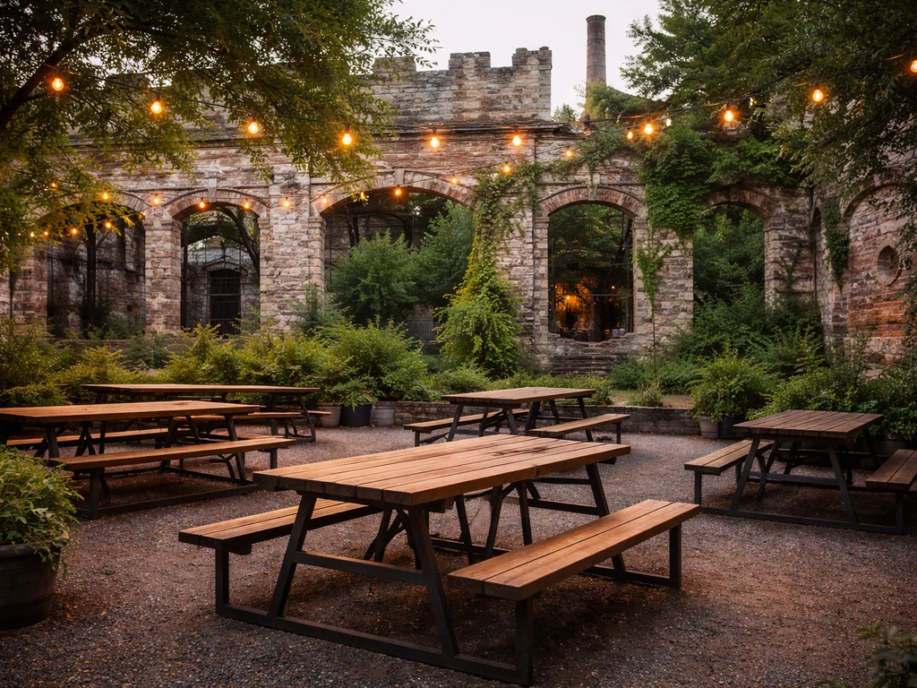 Outdoor beer garden patio with rustic seating, warm lights, and historic brewery ruins in the background.