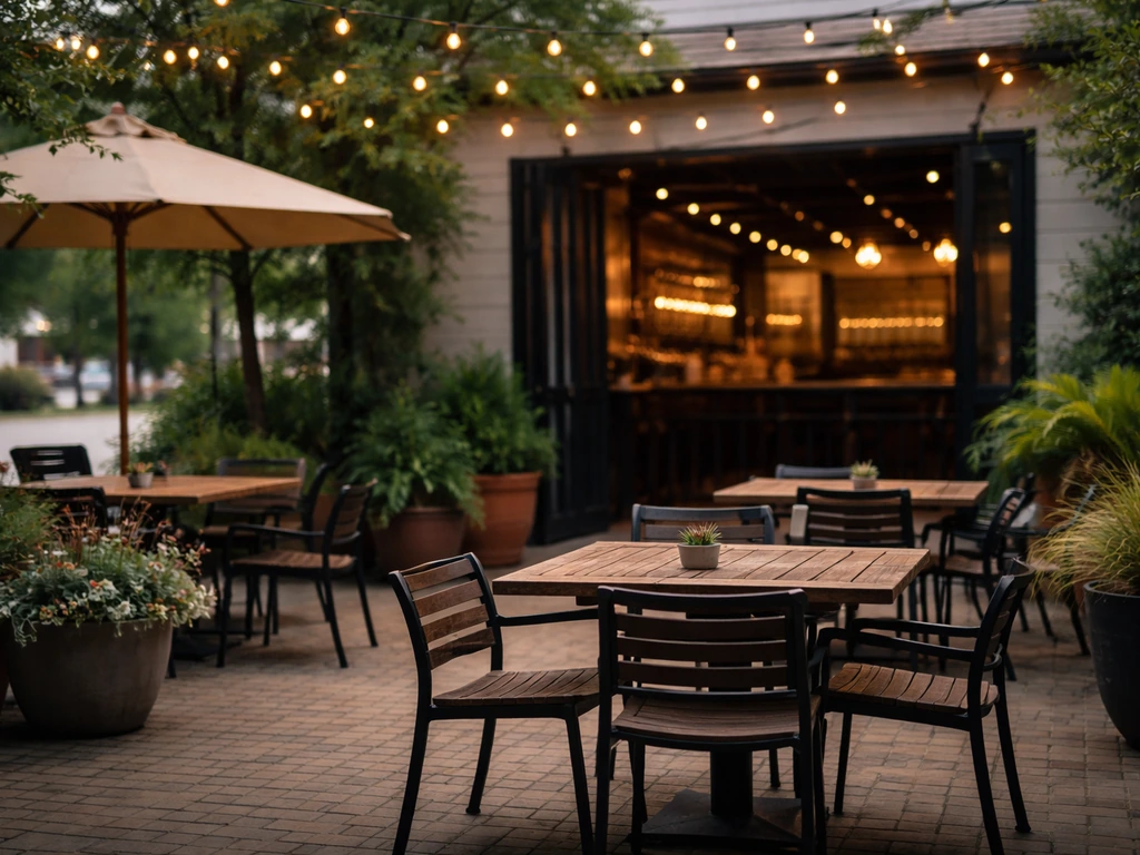 Outdoor patio seating at a family-friendly brewery beside the open taproom entrance.