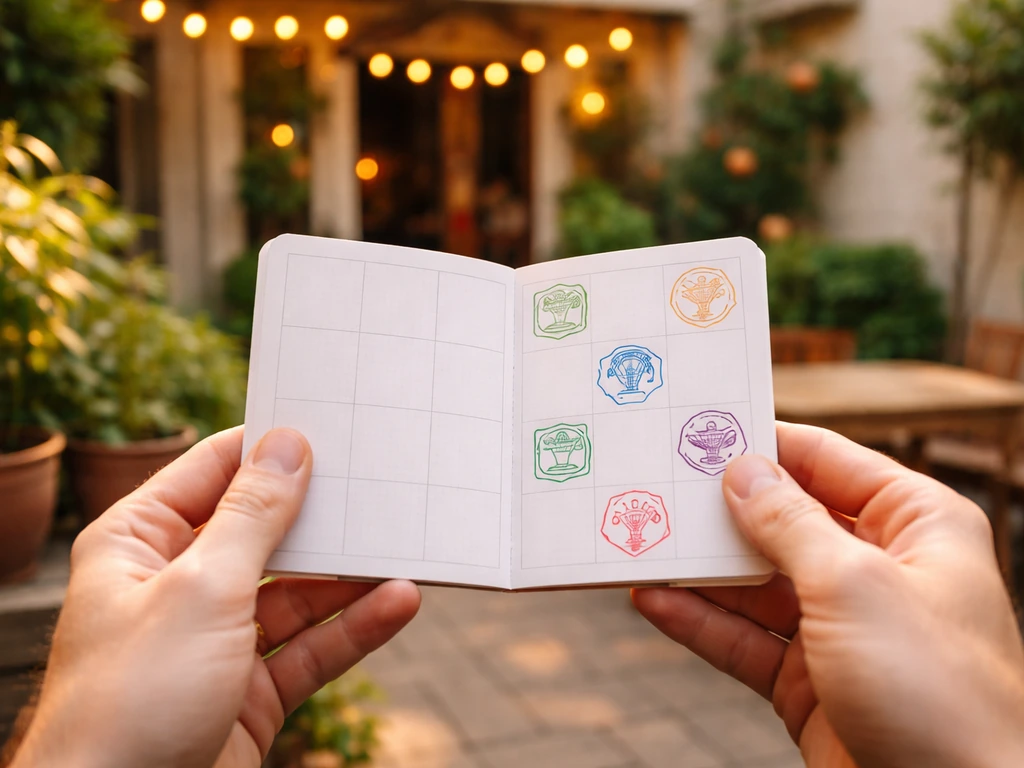 Hands holding a small check-in booklet with stamps near a sunny patio entrance
