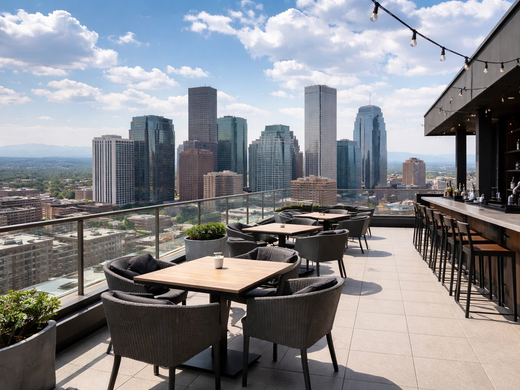Denver rooftop bar on a 20th-floor open-air deck with skyline and high-rise buildings in view.