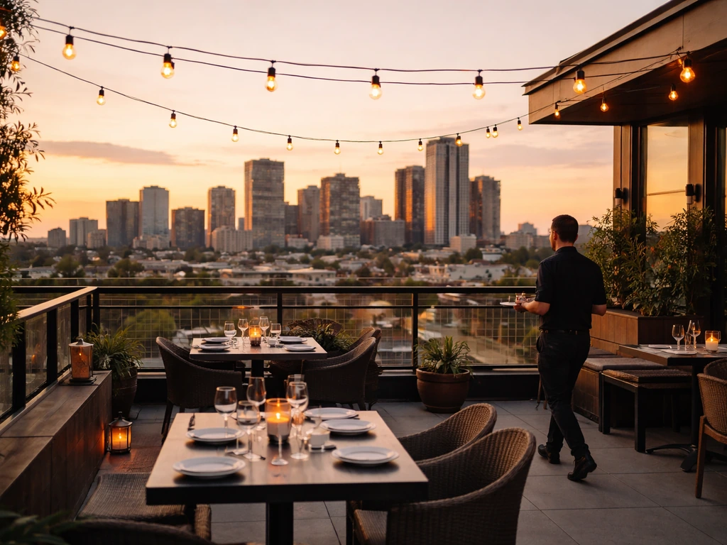 Golden hour rooftop dining at a Denver hotel, with warm lights and city views over RiNo.