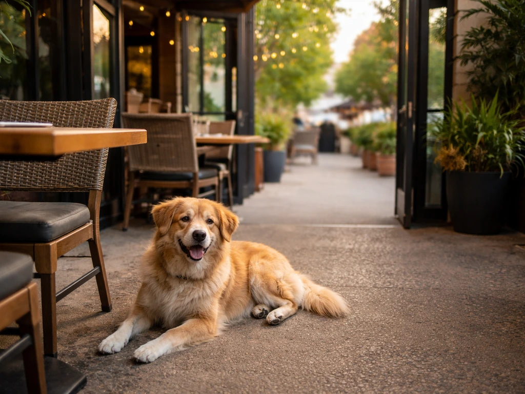Dog comfortably seated at a patio dining table with a clear exterior entrance nearby