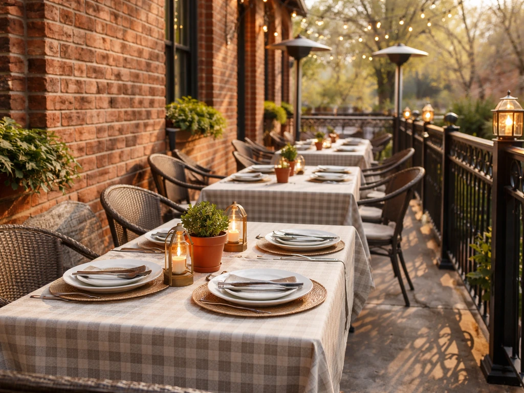 Sunlit Memphis patio dining with set tables, terracotta planters, and outdoor heaters, cozy no-people scene.