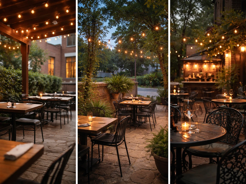 Collage-style photo of three Memphis patio restaurant scenes with warm lighting and empty tables