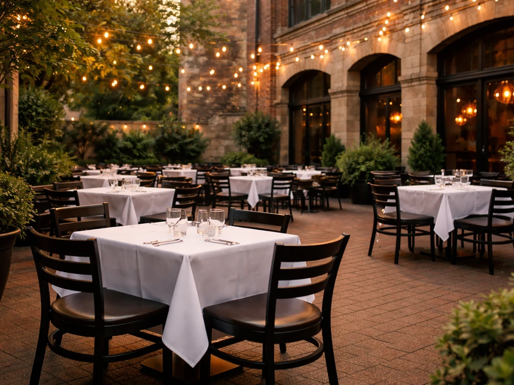 Quiet downtown restaurant patio courtyard with warm lights, tables, and greenery.