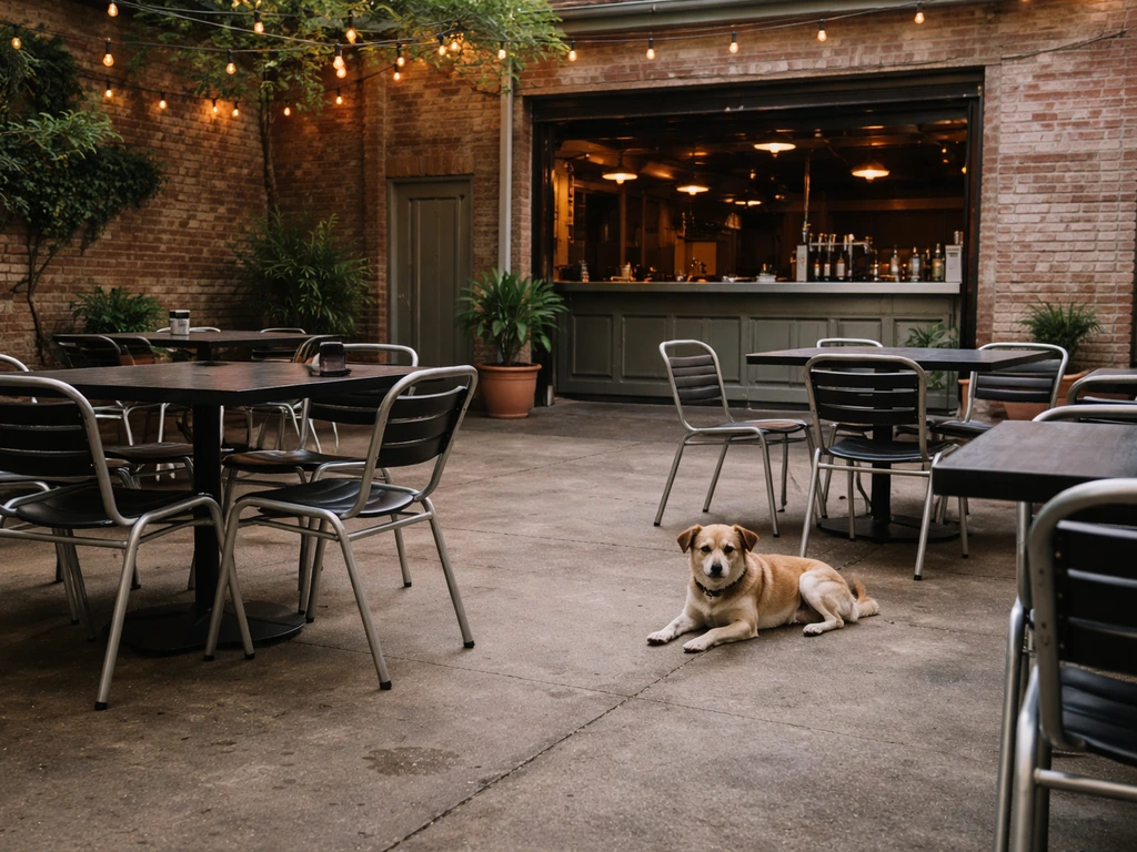 Dog-friendly courtyard at Slider Inn with outdoor seating and a casual garage bar vibe.
