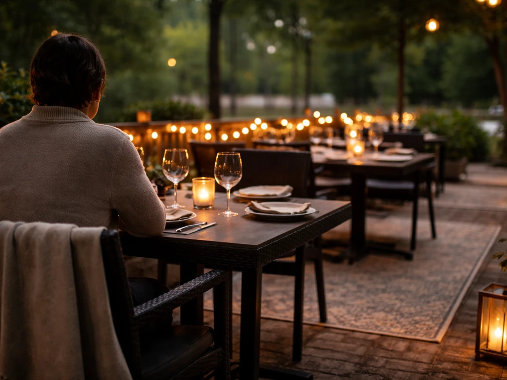 Warm evening outdoor patio dining scene with set tables, soft lights, and a seated figure from behind.