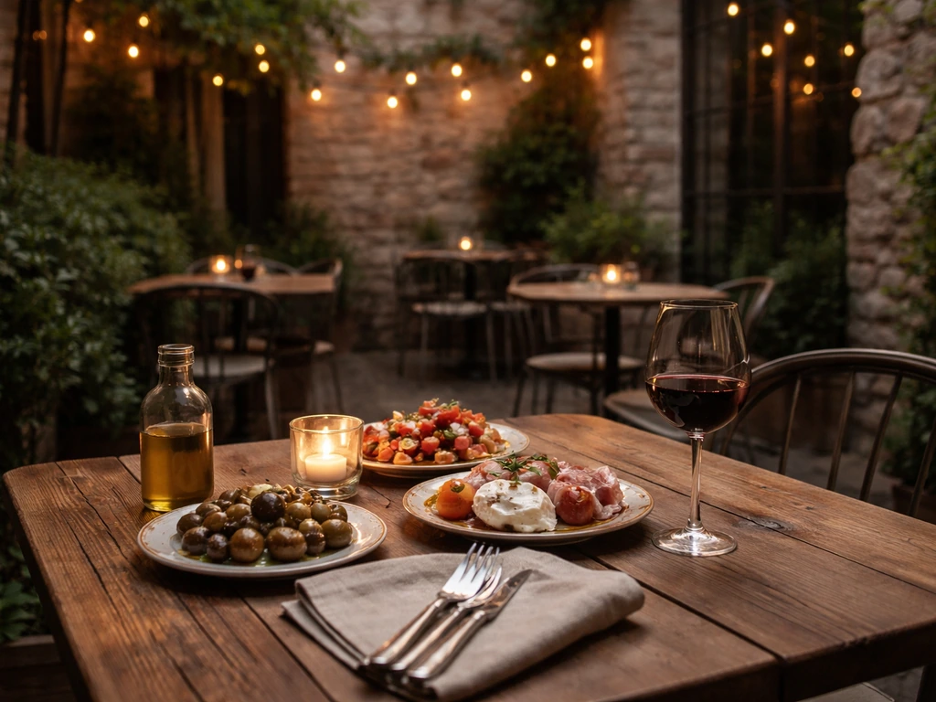 Empty patio table set for dinner with wine and warm string lights in a brick courtyard.
