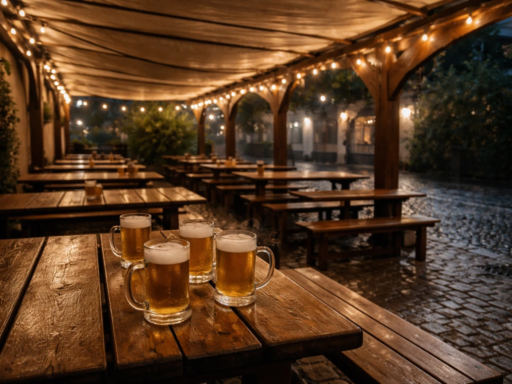 Covered biergarten patio with communal wooden tables and frosty beer mugs under warm string lights.