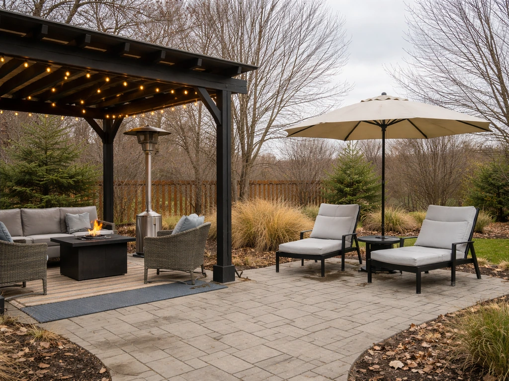Patio with covered pergola heater on one side and open sun with umbrella seating on the other.