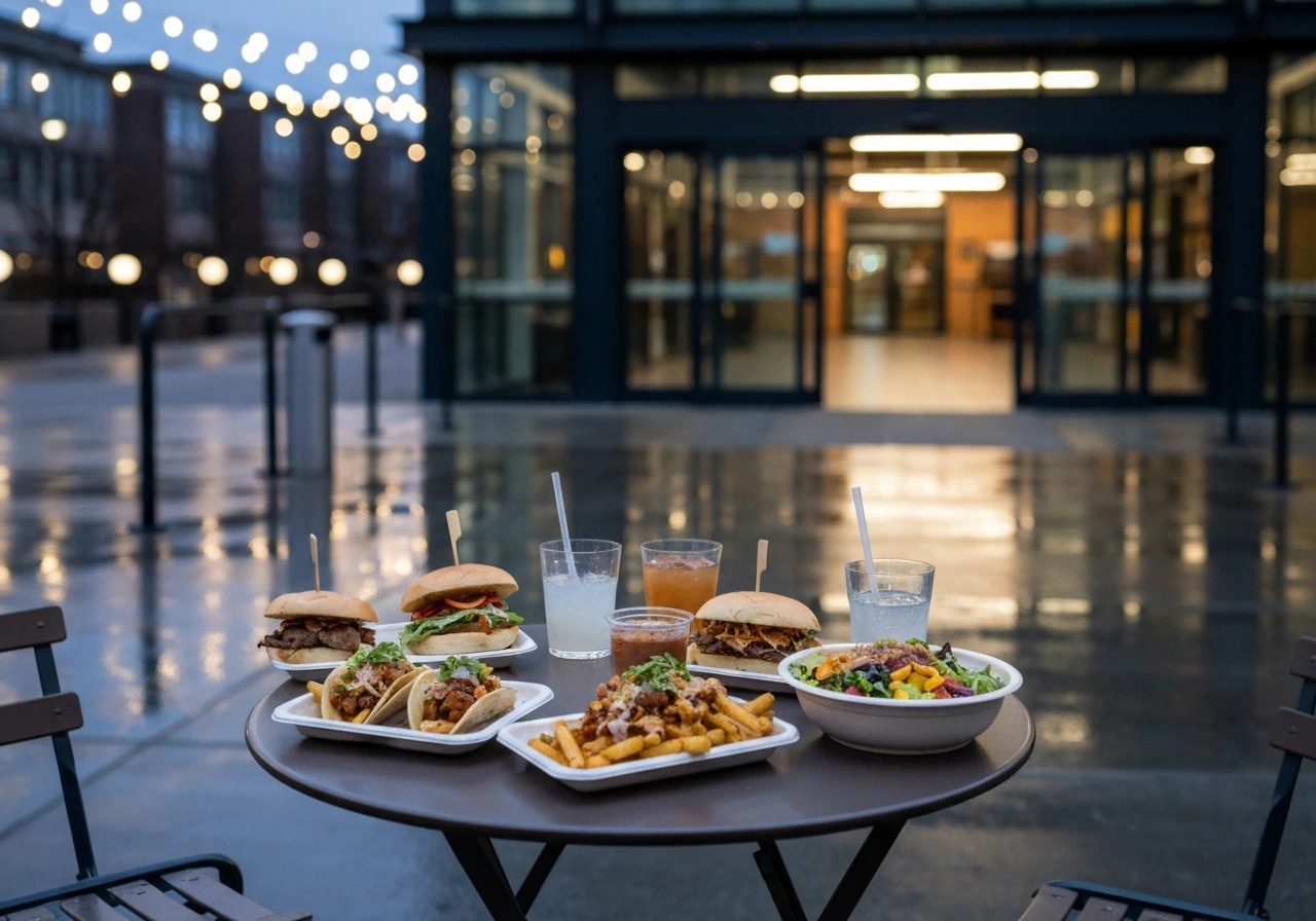 Assorted affordable shareable plates on a food-hall patio table with soft lights in the background.