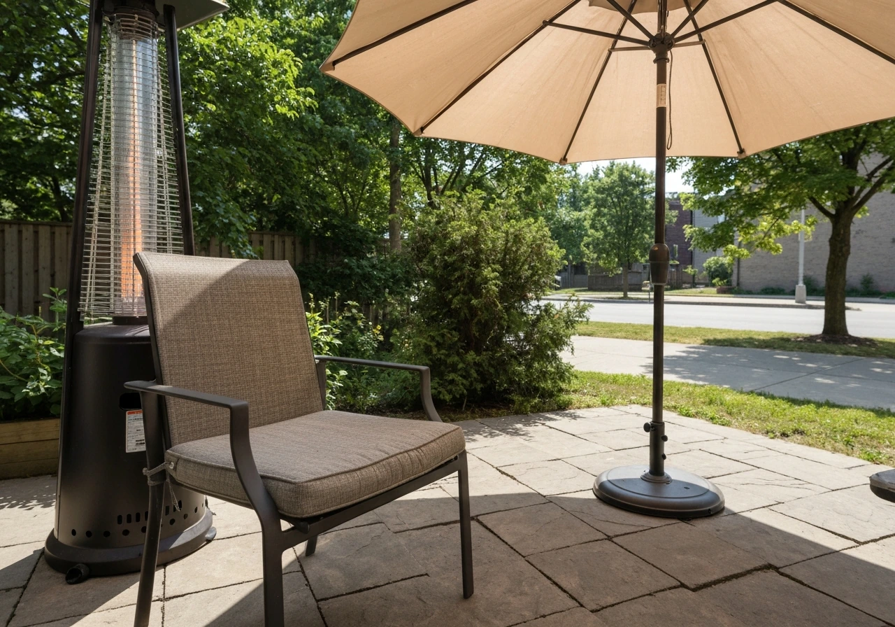 Toronto-style patio essentials: outdoor seating, a shade umbrella, and a heater/fan near a stone slab in sun