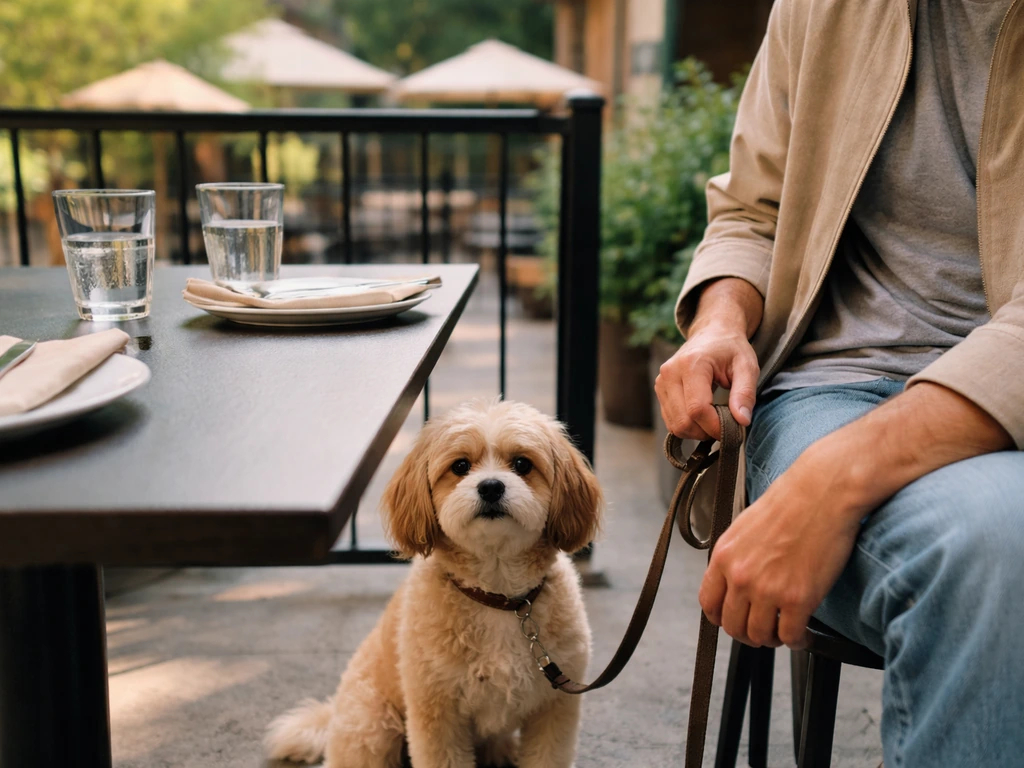 A small dog on a leash sits beside a patron at a Toronto outdoor patio table.