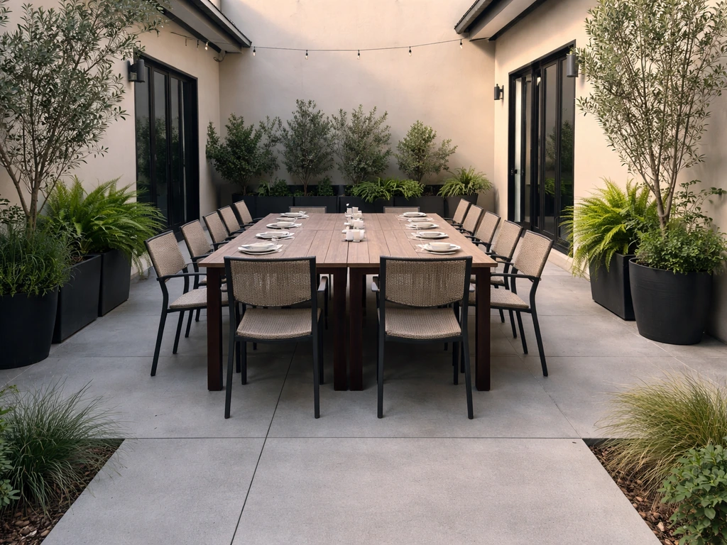Accessible patio with wider walkway and two tables pushed together for larger parties.