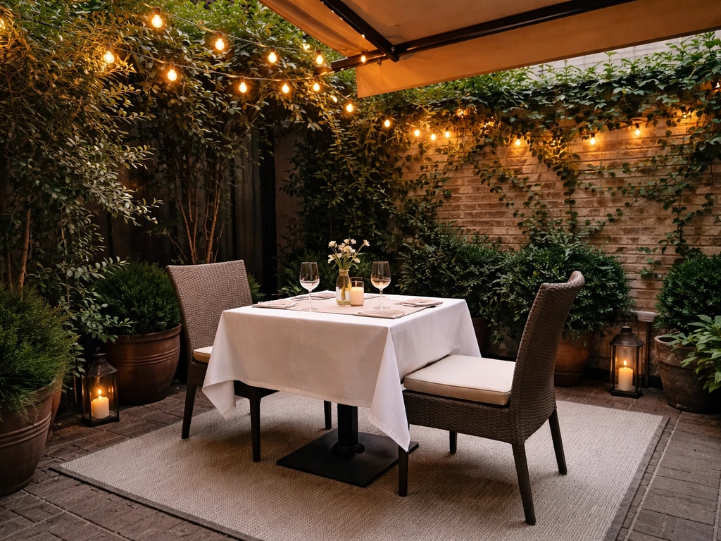 Quiet restaurant patio with neatly spaced tables, warm string lights, and comfortable seating under shade