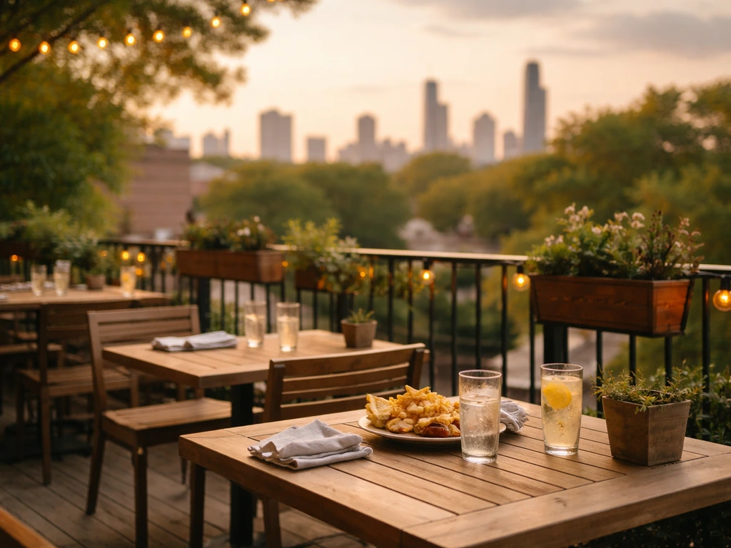 Inviting Lincoln Park patio with drinks and food, warm lights, and Chicago skyline in the background.