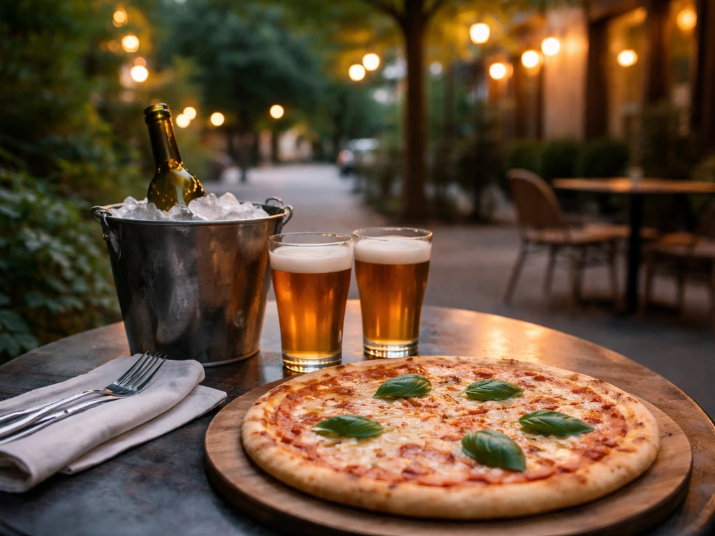 Outdoor patio table with tavern-style cheese pizza and drinks on a quiet tree-lined street at dusk.