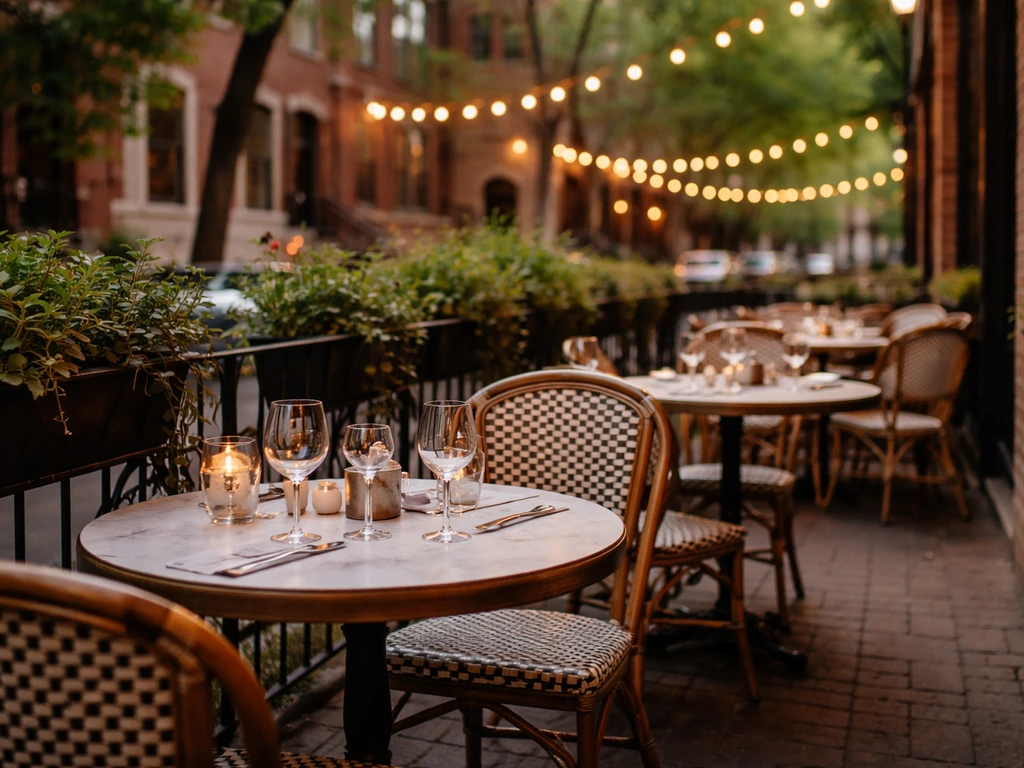 Quiet DeNucci’s-style Lincoln Park patio with bistro tables, greenery, and soft string lights
