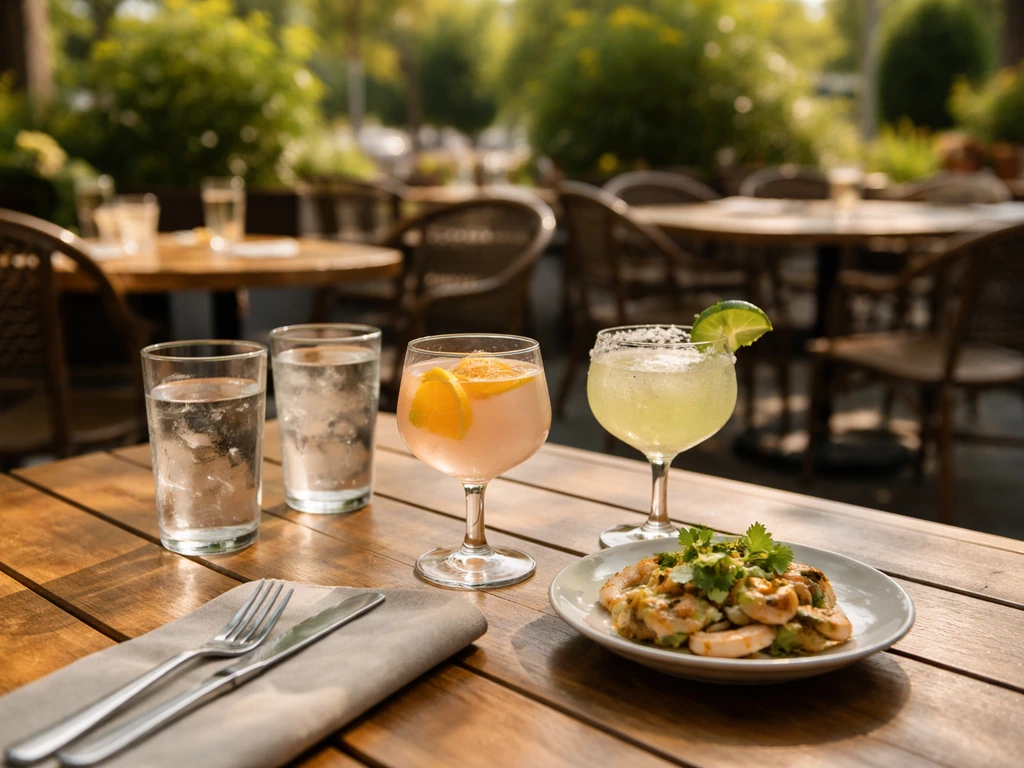 Lively outdoor patio dining scene in Arlington with drinks and plates on a small table