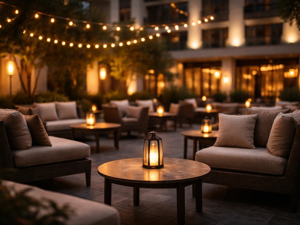 Evening view of a hotel patio with warm lights and casual outdoor seating in Arlington TX.