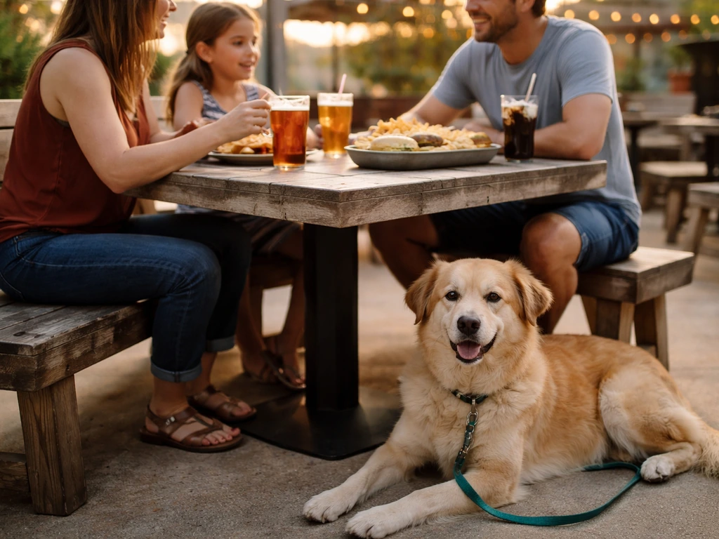 Dog-friendly patio at Dog Haus Biergarten with outdoor seating and a leashed dog beside diners