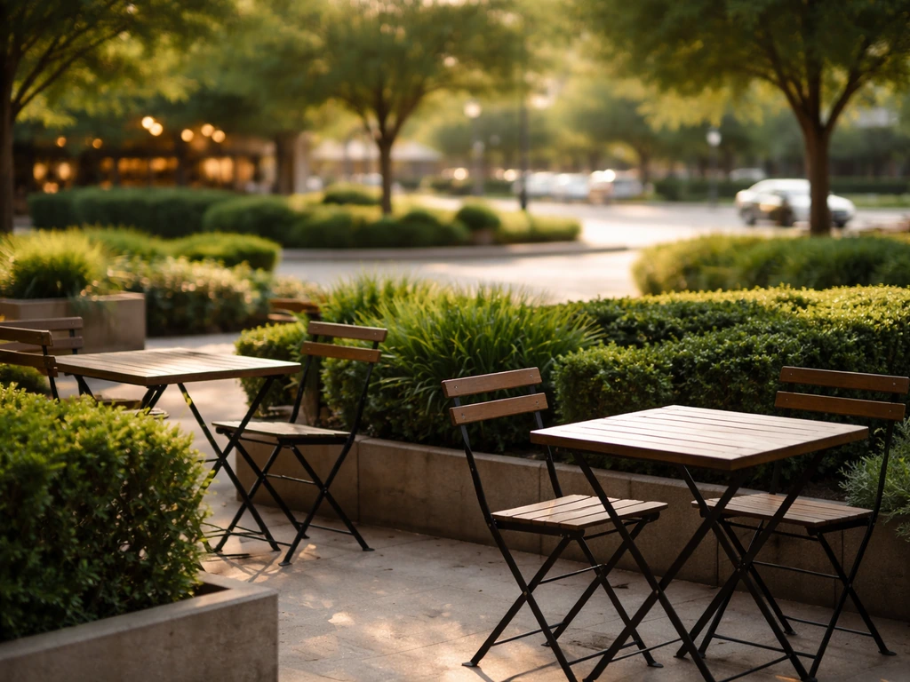 Outdoor patio tables with lush greenery and a quiet streetscape backdrop near I-20 and Matlock Road.