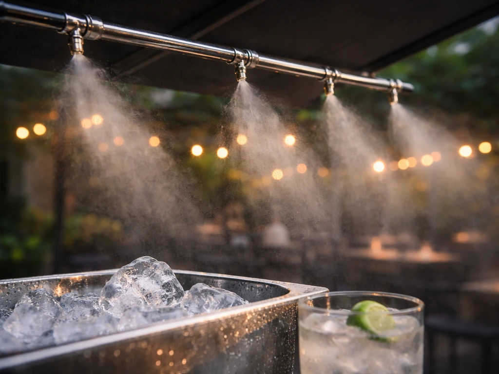 Close-up of a patio misting nozzle system releasing fine mist near a cocktail cooler for a refreshing vibe.