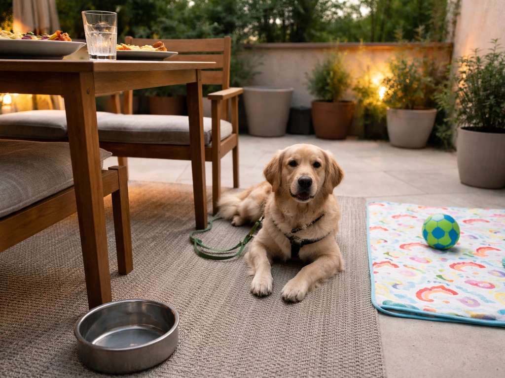 Dog resting beside a patio table with a water bowl, with a nearby kids’ outdoor blanket and toy.