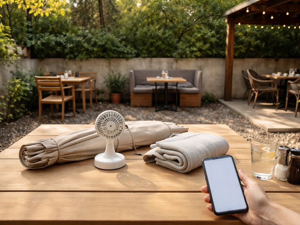 Outdoor patio table with seating options, umbrella, fan, blanket, and a phone for reservations