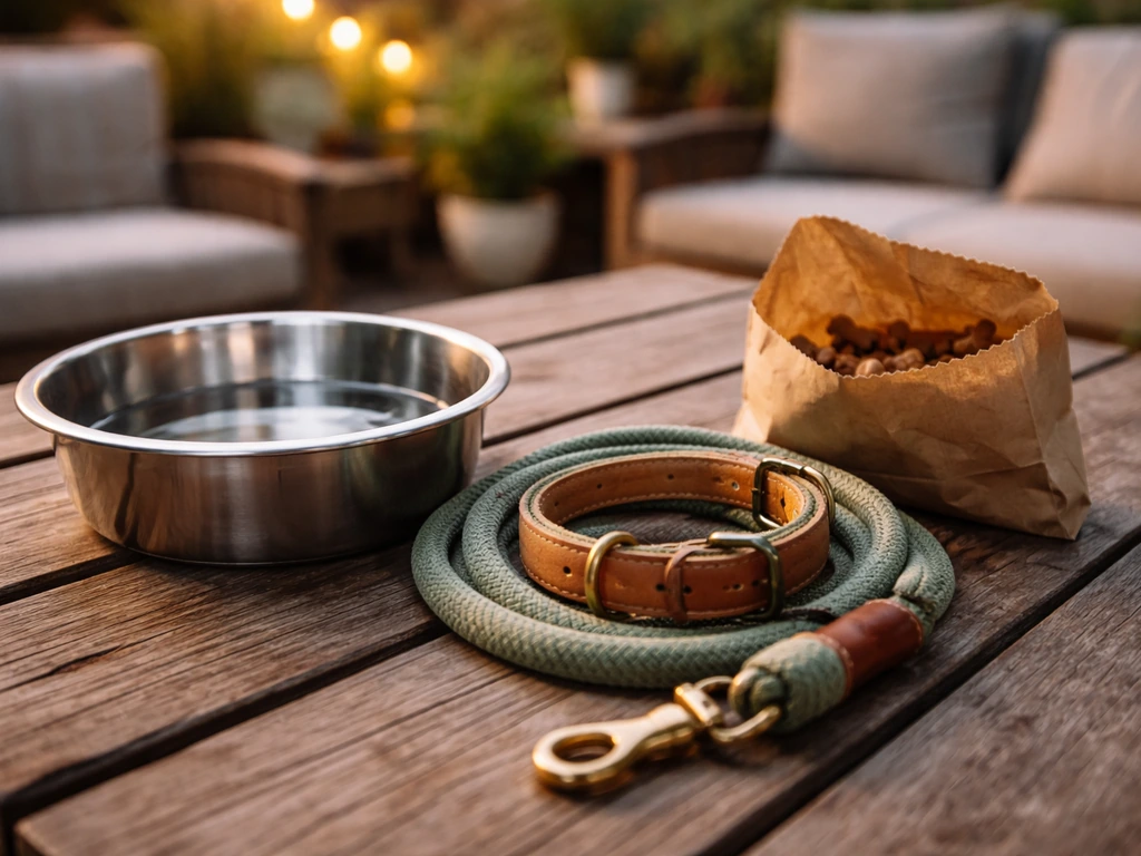 Close-up of a dog water bowl and leash essentials on an outdoor patio table