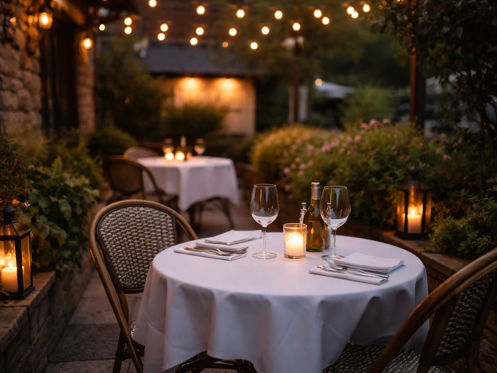 Warmly lit patio dining setup with two neatly set tables and string lights at an evening restaurant